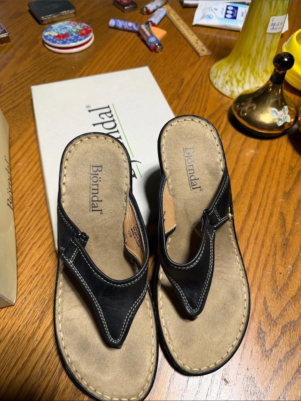 Bjorndal Black Wedge Thong Sandals